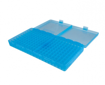 MTM Patronenbox P-200-9-24 blau klar mit Klappdeckel f. 200 Patronen 9mm u.w.