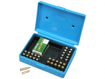 MTM Kleinkaliber Wettkampfbox SB-22-20 blau mit Klappdeckel und Tragegriff für 30 Patronen .22 LR, .22 Win. Mag.