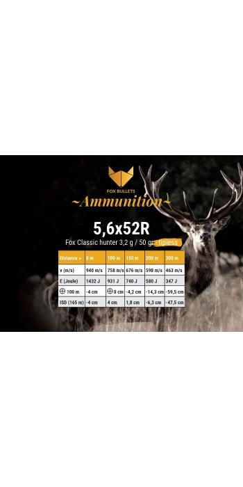 Fox Bullets Classic Hunter Tipless 5,6x52 R 3,2 g / 50 gr bleifreie Munition – 20 Patronen