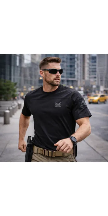 GLOCK Tactical T-Shirt Schwarz – Ripstop-Schultern, Stretch-Torso – Soft-Velcro-Badge – Größe M