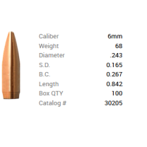 Barnes Geschoss 6mm/.243 68GR Match Burners FB 100 Stück