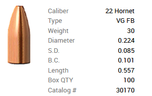 Barnes Geschoss .22/.224 Hornet 30GR Varmint Grenade FB 100 Stück