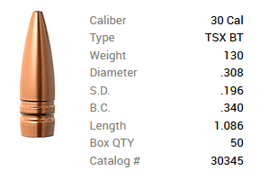 Barnes Geschoss .30/.308 130GR TSX BT 50 Stück