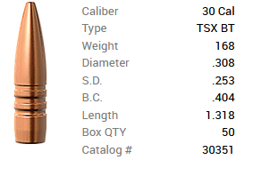 Barnes Geschoss .30/.308 168GR TSX BT 50 Stück