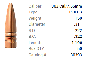 Barnes Geschoss .303/.311 150GR TSX FB 50 Stück