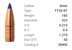 Barnes Geschoss 8mm/.323 160GR Tipped TSX BT 50 Stück