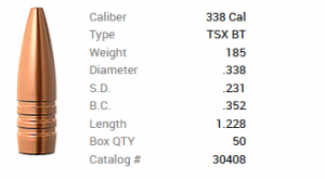Barnes Geschoss .338/.338 185GR TSX BT 50 Stück