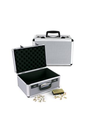 Winter Munitionskoffer für Flintenmunition – Aluminium/Holz, 2 Zahlenschlösser – Silber (JM-6008)