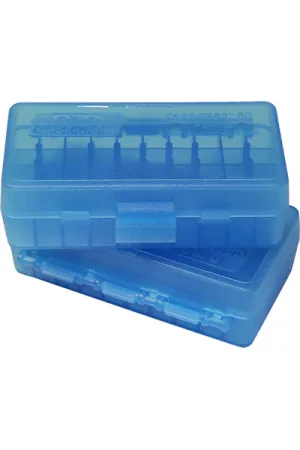 MTM Patronenbox P50-45-24 blau klar mit Klappdeckel f. 50 Patronen .45 ACP u.w.