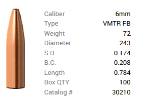 Barnes Geschoss 6mm/.243 72GR Varminator HP FB 100 Stück