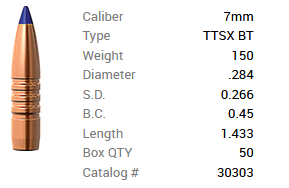 Barnes Geschoss 7mm/.284 150GR Tipped TSX BT 50 Stück