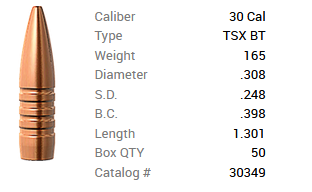 Barnes Geschoss .30/.308 165GR TSX BT 50 Stück