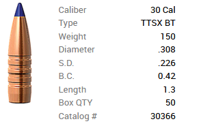 Barnes Geschoss .30/.308 150GR Tipped TSX BT 50 Stück