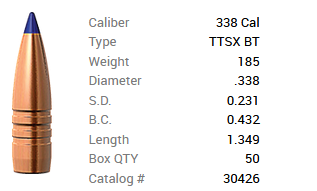 Barnes Geschoss .338/.338 185GR Tipped TSX BT 50 Stück