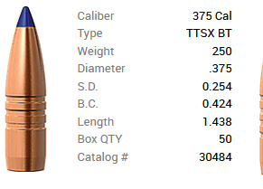 Barnes Geschoss .375/.375 250GR Tipped TSX Spitzer BT 50 Stück