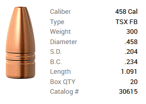 Barnes Geschoss .458/.458 300GR TSX HP FB 20 Stück