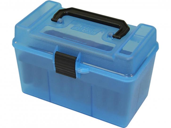 MTM Deluxe Patronenbox H50-XL-24 blau klar mit Klappdeckel und Tragegriff f. 50 Patronen 7mm u.w.