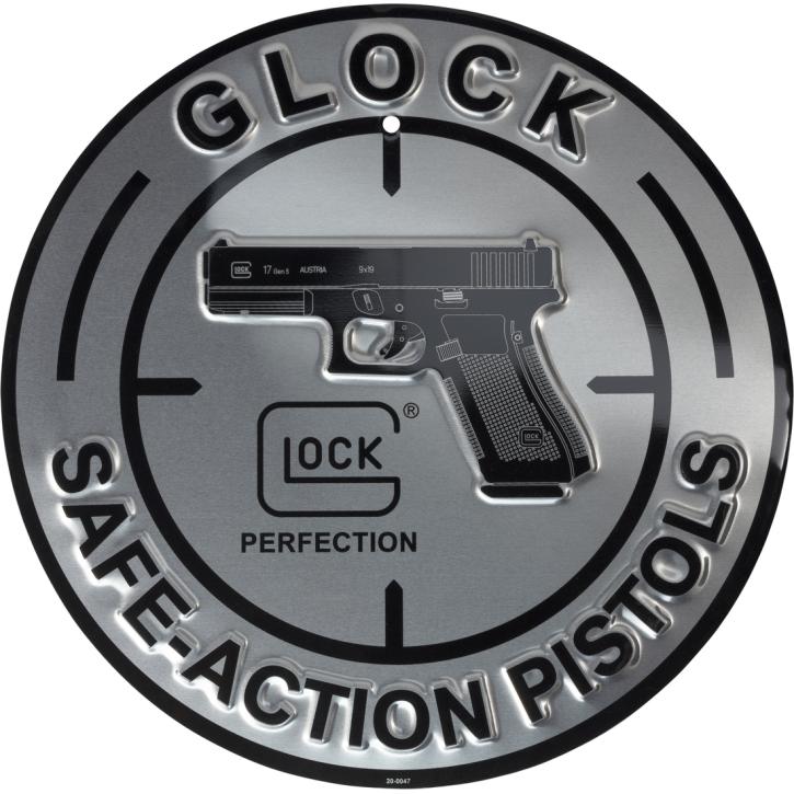 Glock Aluminiumschild „SAFE ACTION PISTOLS“ – Ø 30 cm